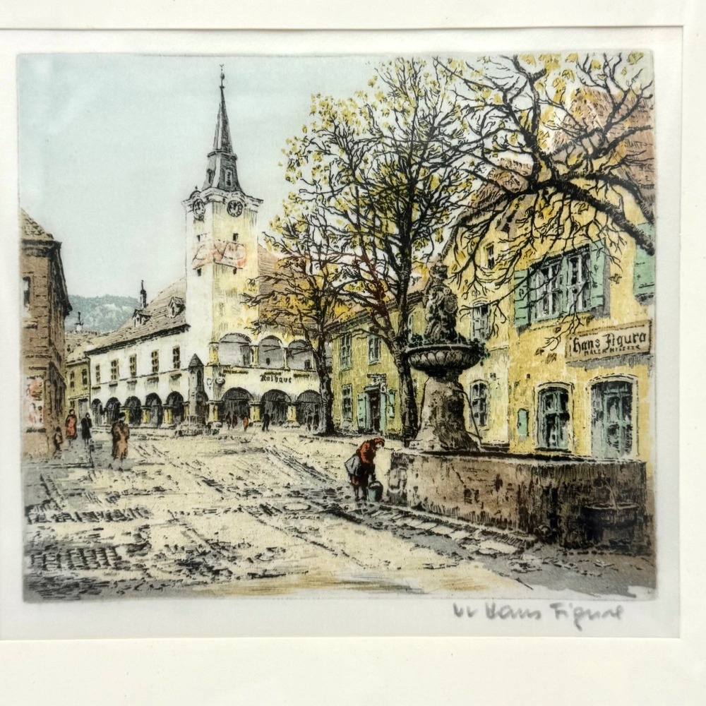 Hans‎ Figura Aquatint Etching European Town Square Rathaus Framed Signed